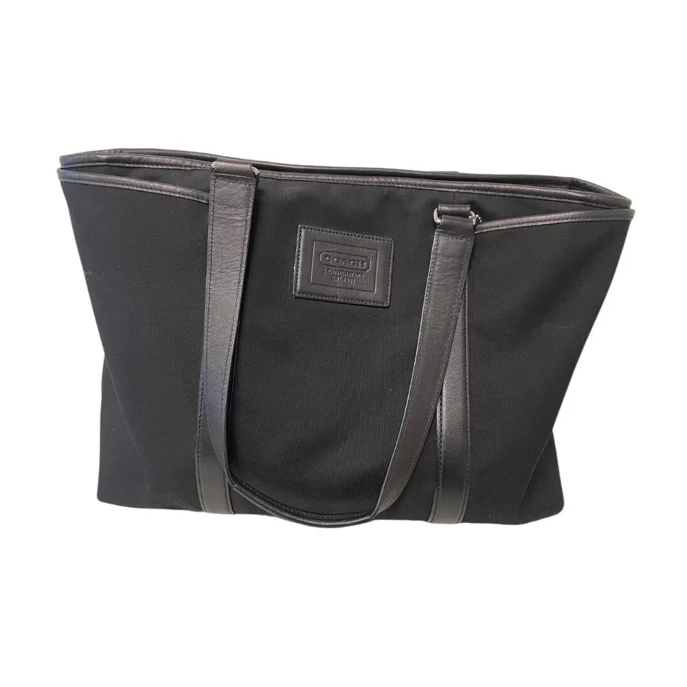 Coach Black Nylon Leather Trim Tote Bag Classic Style Zipper‎ Top